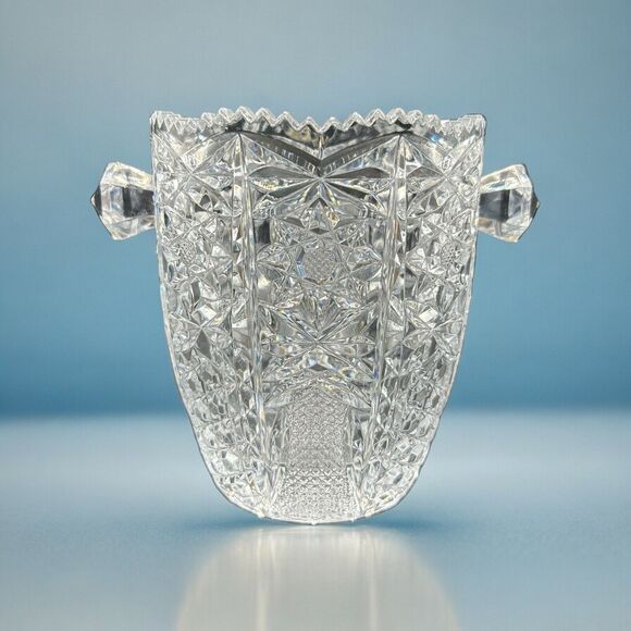 Unbranded Other - Ice Bucket Crystal Clear Glass w/Saw Tooth Edges & Knob Handles Vintage